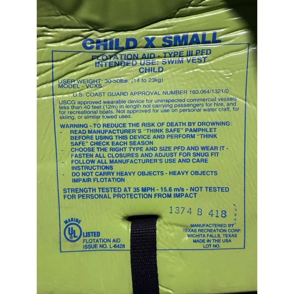 TRC Recreation Super Soft Child Life Jacket Swim Vest SZ XS Green Turtle 30-50lb